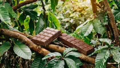 Chocolate bars placed among cocoa tree branches in a jungle.