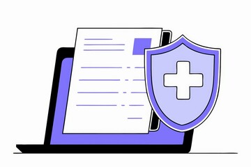 Obraz premium A digital illustration of a laptop displaying a document and a shield symbolizing data security and protection.