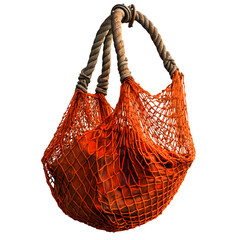 Obraz premium Orange fishing net bag with rope handles , holding rocks , isolated from transparent background