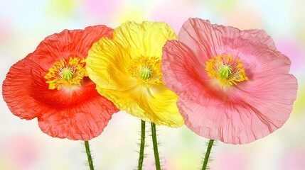 Obraz premium Vibrant Trio of Colorful Poppy Flowers in Bloom Against a Soft Light Background