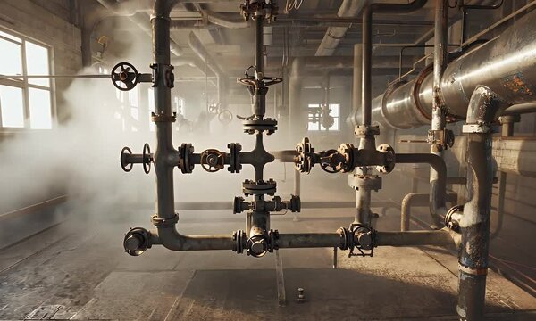 industrial maze of pipes and valves weaving through a chemical plant, as rising steam adds a dynamic and intense atmosphere