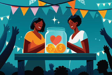 Create a detailed vector illustration of a vibrant fundraising gala event, showcasing diverse attendees, elegant decorations, and a prominent donation box.