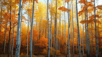 Aspiring Aspen trees in an autumn forest with soft light, soft light, tree life, autumn colors