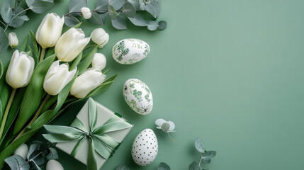Elegant easter decoration with white tulips, painted eggs, and green gift box on pastel green background