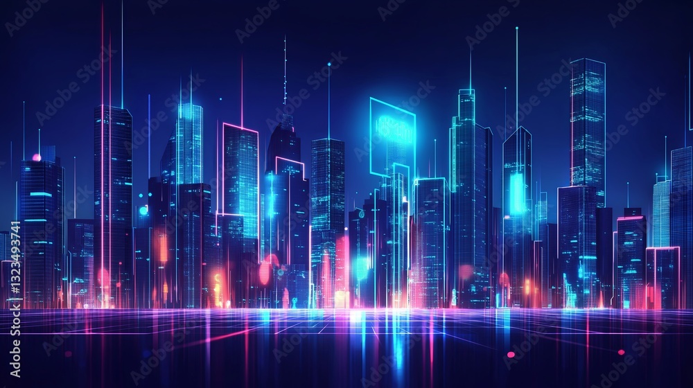 Poster a hyper-modern city skyline with floating holograms and neon lighting