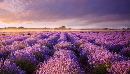 Obraz premium Fresh lavender field in soft morning light, creating a dreamy and calming nature scene