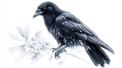 Fototapeta premium Monochrome Raven and Stylized Flower A Moody Nature Study