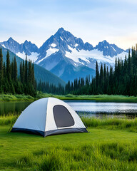 Camping tent nestled beside a tranquil alpine lake, surrounded by majestic mountains and lush forests