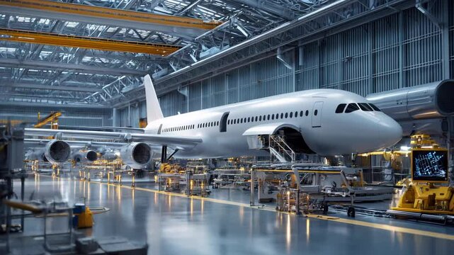 A futuristic aircraft assembly line where AI-driven robotic arms construct next-gen planes with extreme precision and real-time diagnostics