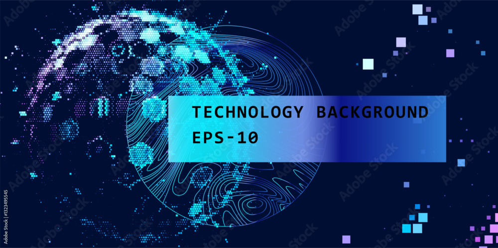 Poster Futuristic vector illustration features abstract digital sphere composed of particles and circuit-like patterns, set against a dark background.