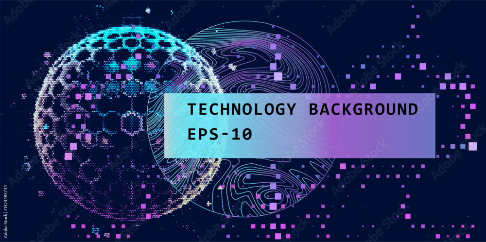 Poster Futuristic vector illustration features abstract digital sphere composed of particles and circuit-like patterns, set against a dark background.