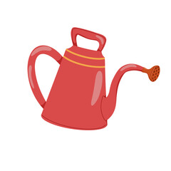 Red plastic watering can isolated on white background. Cartoon gardening tool for agricultural, horticulture and plant cultivation. Hand drawn vector illustration for print, web, stickers