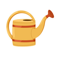 Yellow plastic watering can isolated on white background. Cartoon gardening tool for agricultural, horticulture and plant cultivation. Hand drawn vector illustration for print, web, stickers