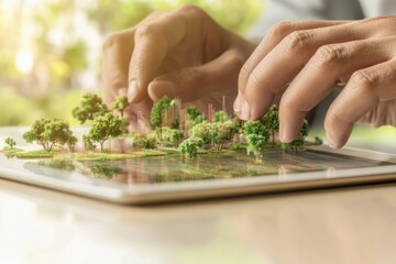 Appraisal Concept Illustrated Through Hands Interacting With Digital Tablet Displaying a Virtual Landscape With Trees and Structures