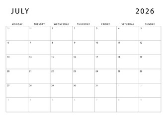 July 2026 calendar. Monthly planner template. Monday start. Vector design