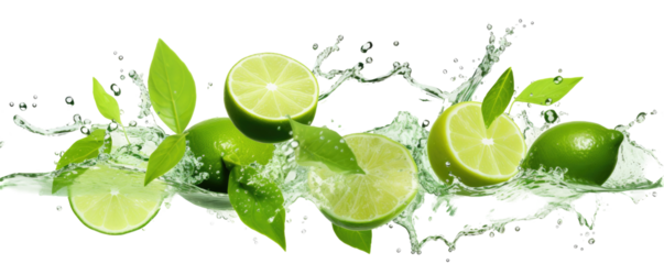 Green tea splash with mint , lime on transparent background