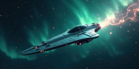 Fototapeta premium A futuristic spacecraft soars through a vibrant nebula, its engine trail blazing a path across the cosmic canvas. A journey into the unknown awaits.