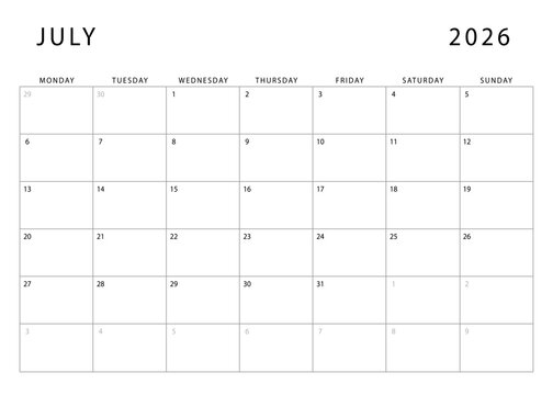 July 2026 calendar. Monthly planner template. Monday start. Vector design