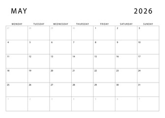May 2026 calendar. Monthly planner template. Monday start. Vector design
