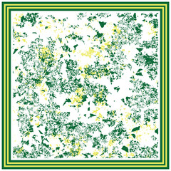 Abstract pattern of green and yellow foliage shapes on a white background, framed by bold green and yellow stripes.