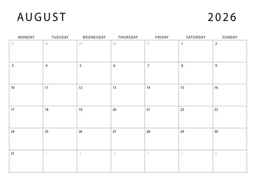 August 2026 calendar. Monthly planner template. Monday start. Vector design