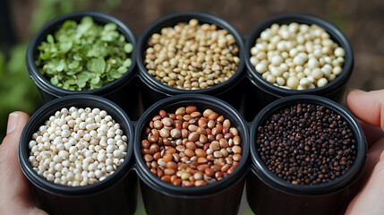 Assortment of Sprouting Seeds and Grains in Small Black Cups