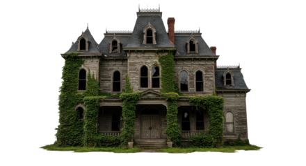 Abandoned Haunted Mansion with Gothic Architecture, Creepy Atmosphere, and Eerie Victorian Design Isolated on White Background