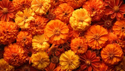 Fiery Marigold Floral Frame. Orange & yellow blooms, full frame. Warm energetic display.  Vibrant & intense summer texture