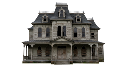 Abandoned Haunted Mansion with Gothic Architecture, Creepy Atmosphere, and Eerie Victorian Design Isolated on White Background