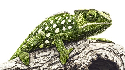 Obraz premium Close Up of a Colorful Green Chameleon Resting on a Branch in Natural Habitat