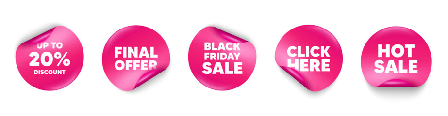 Discount tag sticker tag. Click here, Black friday paper price banners. Up to 20 percent discount. Sale offer price sign. Special offer symbol. Save 20 percentages. Hot sale sticker. Vector