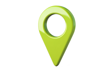 Bright green location pin representing navigation and wayfinding in modern technology, cut out on transparent background