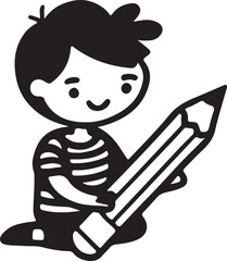 A boy or child holding a pen or pencil, filled and line art vector illustration design.