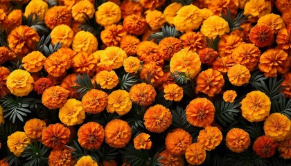 Fiery Marigold Floral Frame. Orange & yellow blooms, full frame. Warm energetic display.  Vibrant & intense summer texture