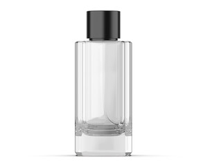 Blank rectangular perfume bottle mockup for branding, transparent glass cologne bottle on isolated white background, 3d illustration.