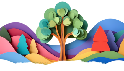 Colorful Paper Art Landscape on transparent background