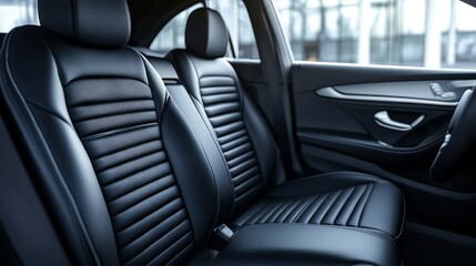 A modern sedan interior showcasing clean, empty dark cloth car seats with isolated windows providing a serene, open view