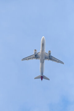 A  shot from below of a white airplane preparing to land.