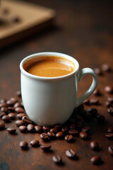 Fototapeta premium Freshly brewed espresso with a rich golden crema in a white ceramic cup, surrounded by aromatic roasted coffee beans on a rustic wooden table