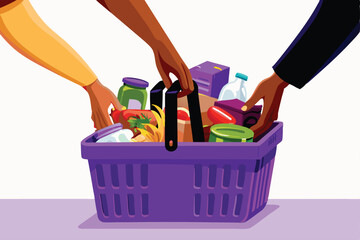 A photograph depicting a overflowing wicker basket of diverse non-perishable food items for a community food donation drive; emphasizing abundance and generosity.