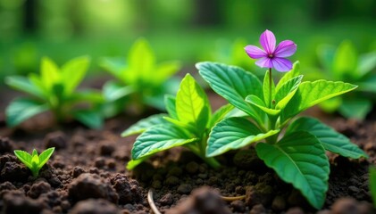 Fresh mint plant leaves with purple flowers in forest soil, foliage, forest floor, greenery
