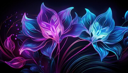 Fototapeta premium Electric Blue & Magenta Floral Outlines. Glowing, sleek black sci-fi background. Modern, vibrant, futuristic design
