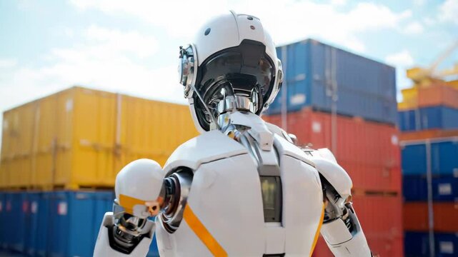 A humanoid android operates a massive cargo crane at a busy shipping port, moving containers with flawless precision and efficiency