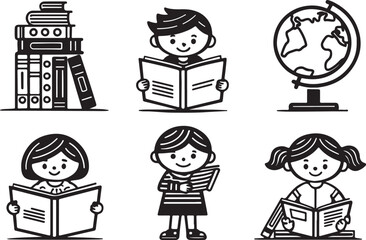 A collection of international children's book day line art icons. Filled and stroke outline of reading, books, girls and boys reading a book sign and symbol. Vector illustration design.
