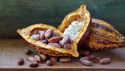 Cocoa pods split open to reveal fresh beans inside.