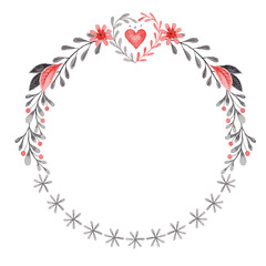 Round wreath with heart and branches in folk style. Stylized illustration in red and gray colors for wedding invitation creating. Hand drawn composition is perfect for romantic and love designs.
