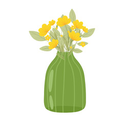 Wildflower bouquet in a stylish green glass vase. Floral composition. Blossomed spring summer plants arrangements. Nature decoration. Flat graphic vector illustration isolated on white background