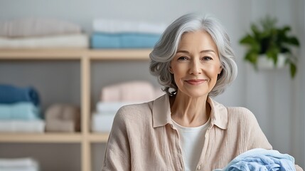 Fototapeta premium Senior woman smiling while holding clean laundry in a bright, organized laundry room with shelves of towels