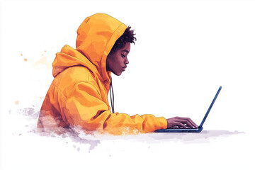 Tech-Savvy Youth: A focused young individual in a vibrant yellow hoodie, engrossed in using a laptop, with creative touches accentuating the digital world.
