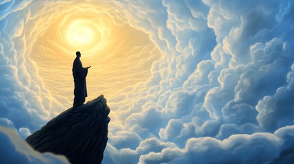 Serene Contemplation: Silhouette of a figure standing atop a rocky peak, gazing towards a radiant light in the sky, embodies the essence of introspection, peace and meditation.